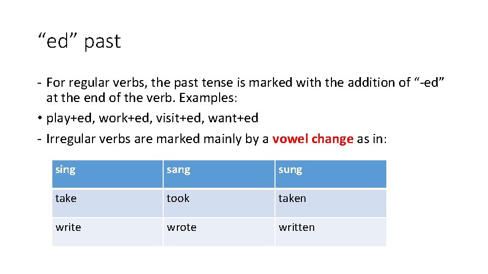 “ed” past - For regular verbs, the past tense is marked with the addition
