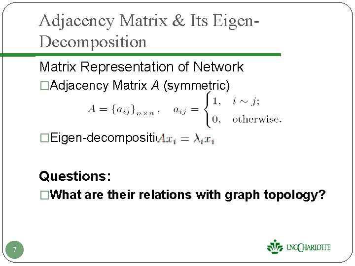 Adjacency Matrix & Its Eigen. Decomposition Matrix Representation of Network �Adjacency Matrix A (symmetric) Adjacency Matrix & Its Eigen. Decomposition Matrix Representation of Network �Adjacency Matrix A (symmetric)