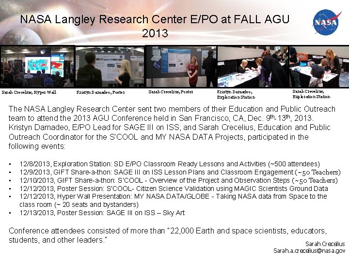 NASA Langley Research Center E/PO at FALL AGU 2013 Sarah Crecelius, Hyper Wall Kristyn