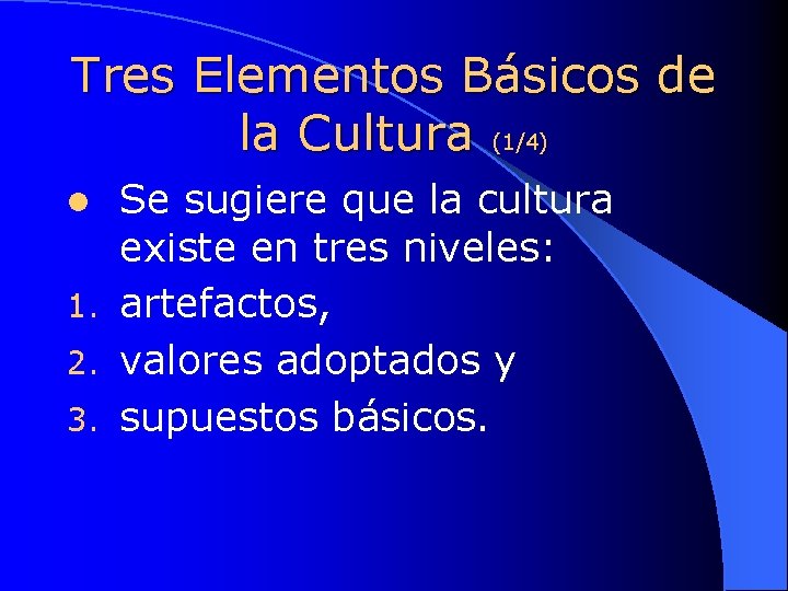 Tres Elementos Básicos de la Cultura (1/4) Se sugiere que la cultura existe en