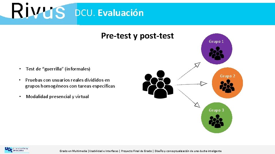 DCU. Evaluación Pre-test y post-test Grupo 1 • Test de “guerrilla” (informales) • Pruebas