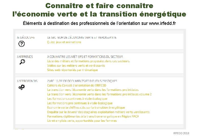 Connaître et faire connaître l’économie verte et la transition énergétique Éléments à destination des