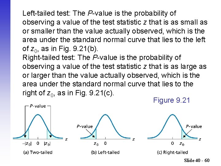 Left-tailed test: The P-value is the probability of observing a value of the test