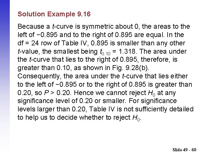 Solution Example 9. 16 Because a t-curve is symmetric about 0, the areas to
