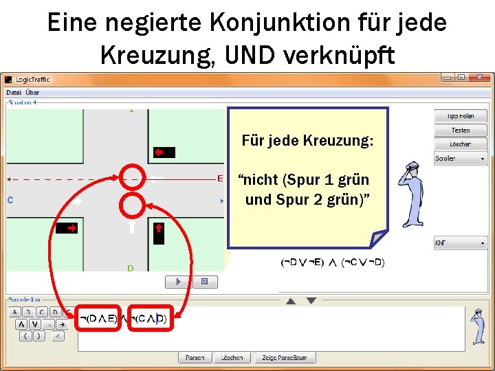 Eine negierte Konjunktion für jede Kreuzung, UND verknüpft Für jede Kreuzung: “nicht (Spur 1