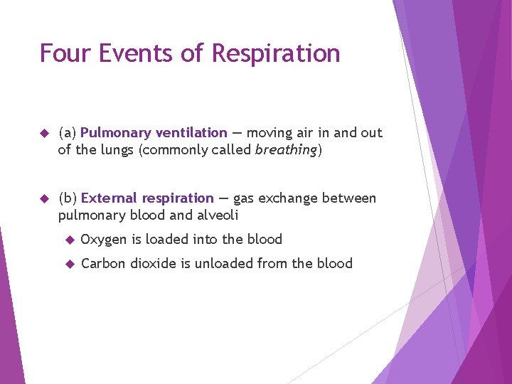 Four Events of Respiration (a) Pulmonary ventilation — moving air in and out of