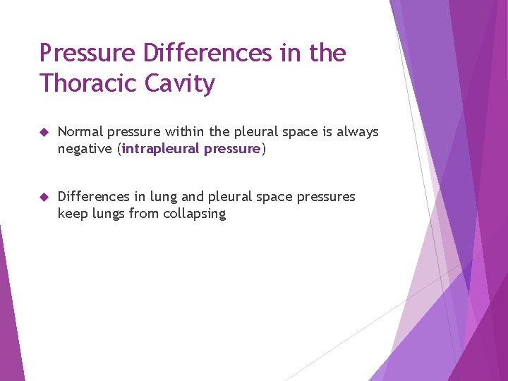 Pressure Differences in the Thoracic Cavity Normal pressure within the pleural space is always