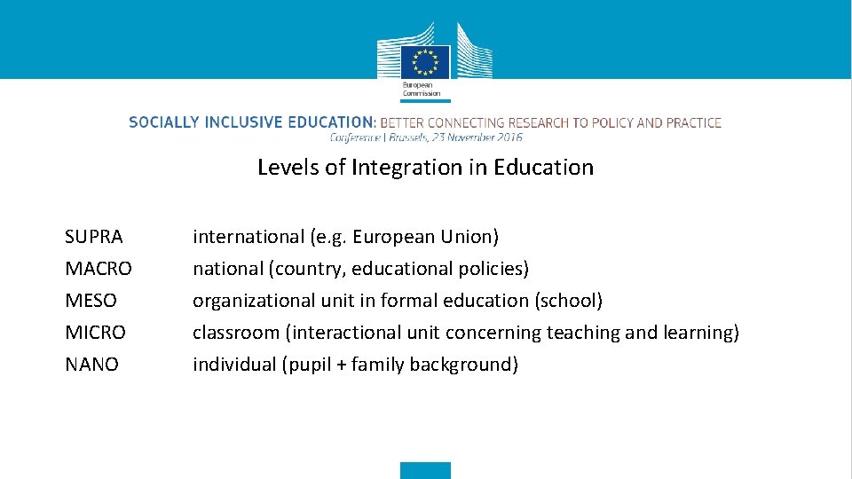 Levels of Integration in Education SUPRA MACRO MESO MICRO NANO international (e. g. European