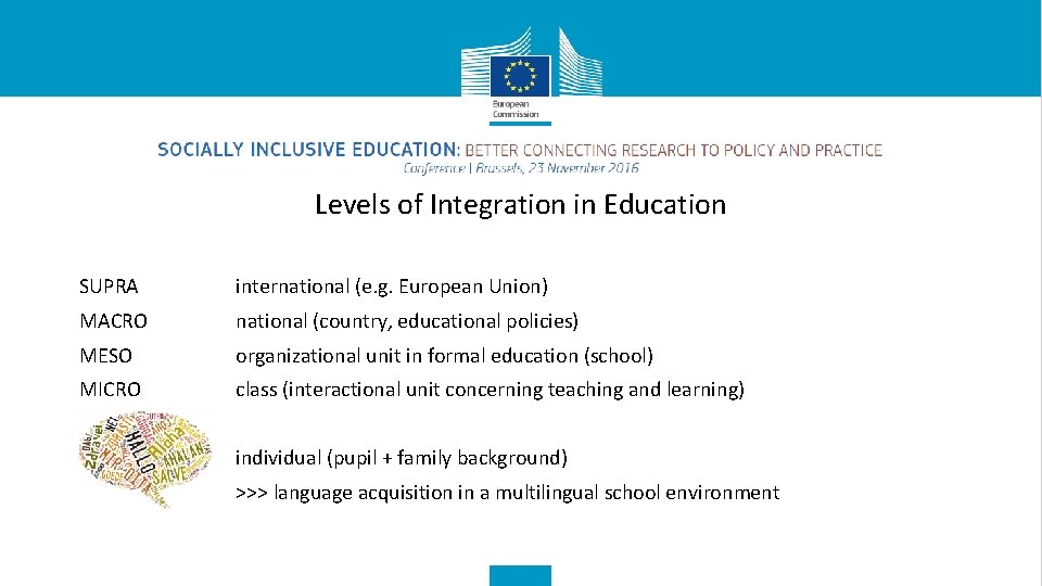 Levels of Integration in Education SUPRA international (e. g. European Union) MACRO national (country,