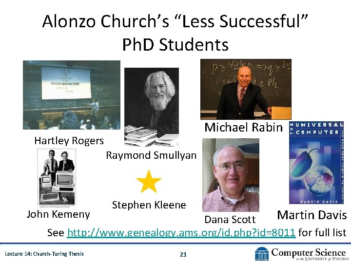 Alonzo Church’s “Less Successful” Ph. D Students Michael Rabin Hartley Rogers Raymond Smullyan Stephen