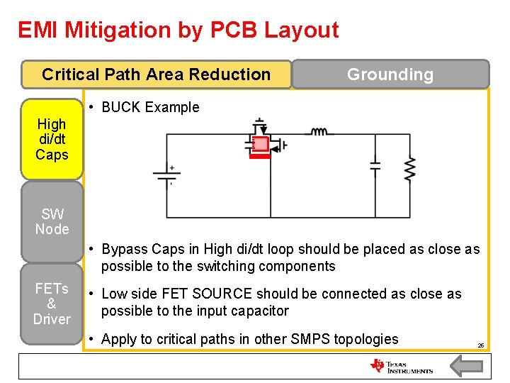EMI Mitigation by PCB Layout Critical Path Area Reduction Grounding • BUCK Example High EMI Mitigation by PCB Layout Critical Path Area Reduction Grounding • BUCK Example High