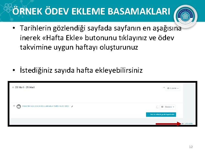 ÖRNEK ÖDEV EKLEME BASAMAKLARI • Tarihlerin gözlendiği sayfada sayfanın en aşağısına inerek «Hafta Ekle»