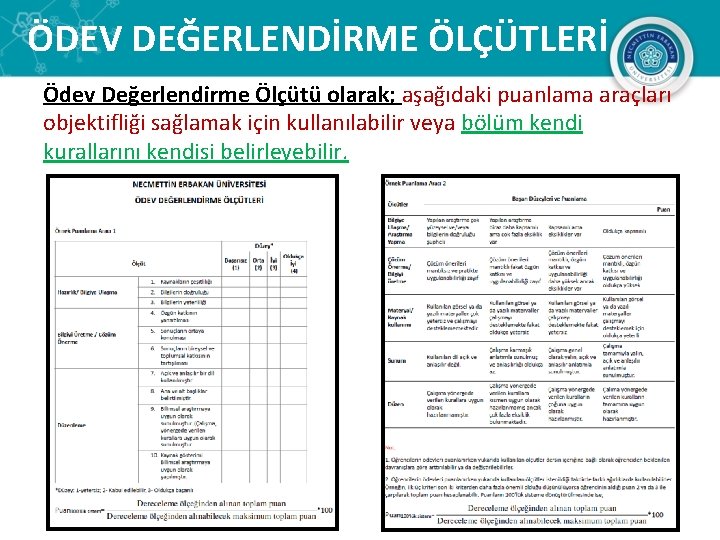 ÖDEV DEĞERLENDİRME ÖLÇÜTLERİ Ödev Değerlendirme Ölçütü olarak; aşağıdaki puanlama araçları objektifliği sağlamak için kullanılabilir