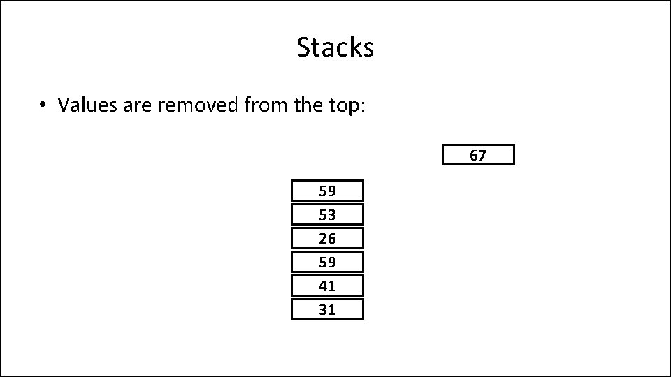 Stacks • Values are removed from the top: 67 59 53 26 59 41