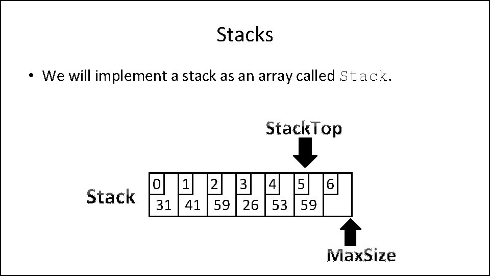 Stacks • We will implement a stack as an array called Stack. 0 1