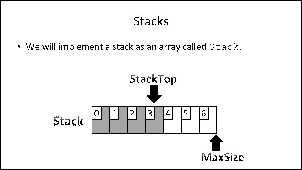 Stacks • We will implement a stack as an array called Stack. 0 1