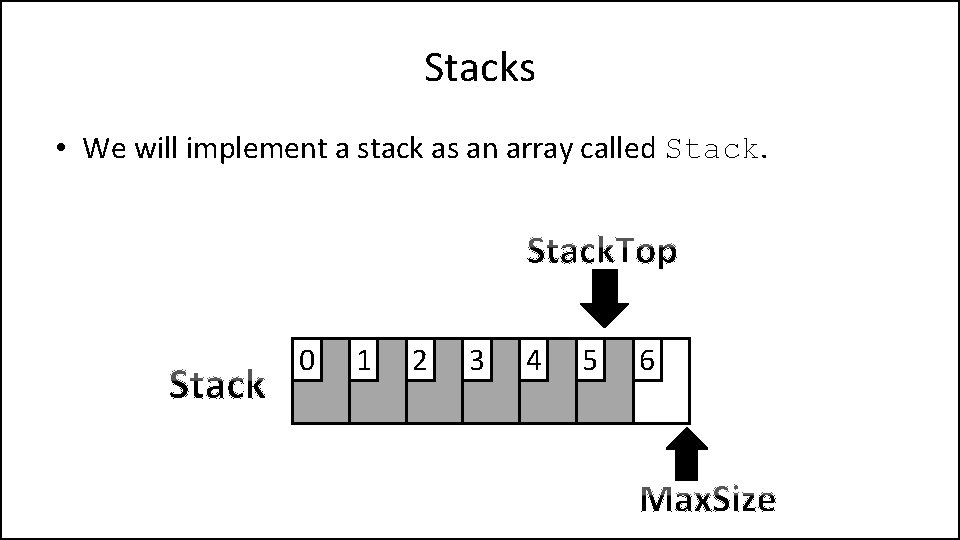 Stacks • We will implement a stack as an array called Stack. 0 1