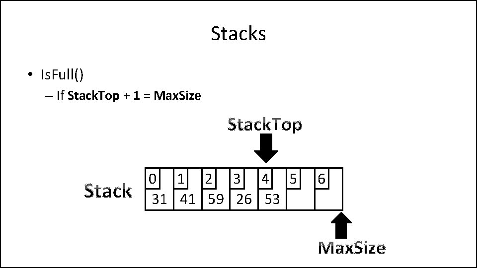 Stacks • Is. Full() – If Stack. Top + 1 = Max. Size 0