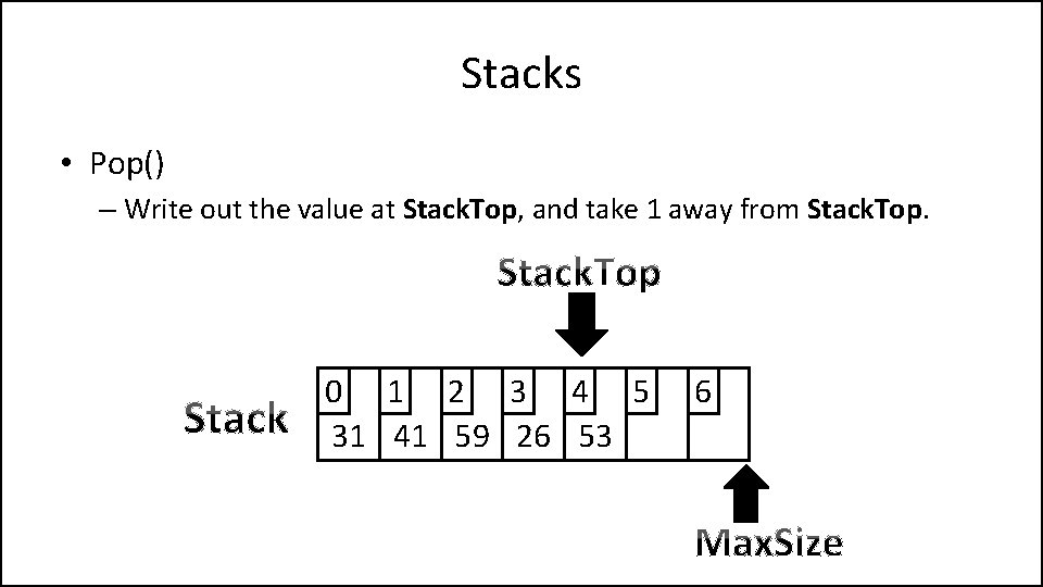 Stacks • Pop() – Write out the value at Stack. Top, and take 1