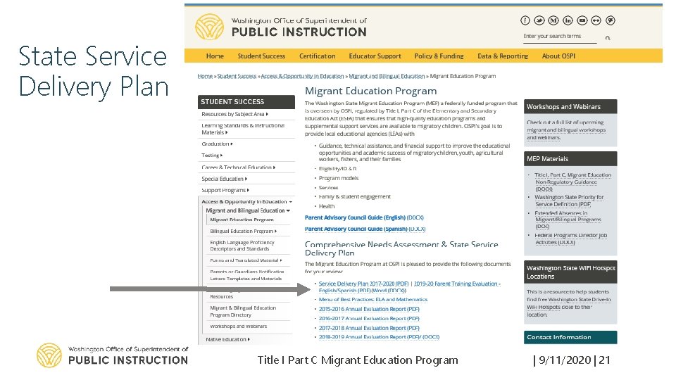 State Service Delivery Plan Title I Part C Migrant Education Program | 9/11/2020 |