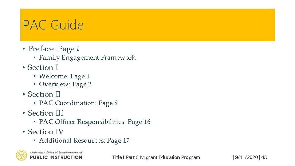 PAC Guide • Preface: Page i • Family Engagement Framework • Section I •