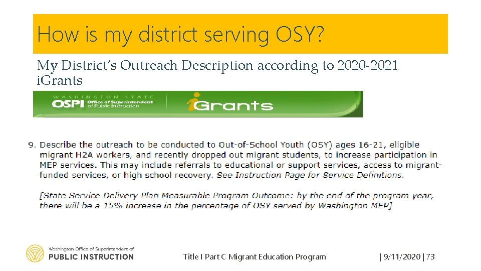 How is my district serving OSY? My District’s Outreach Description according to 2020 -2021