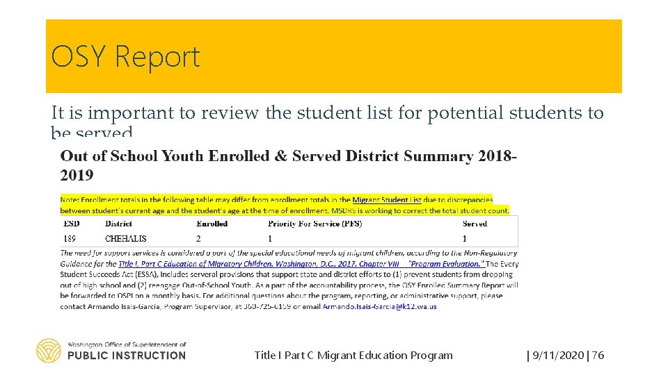 OSY Report It is important to review the student list for potential students to
