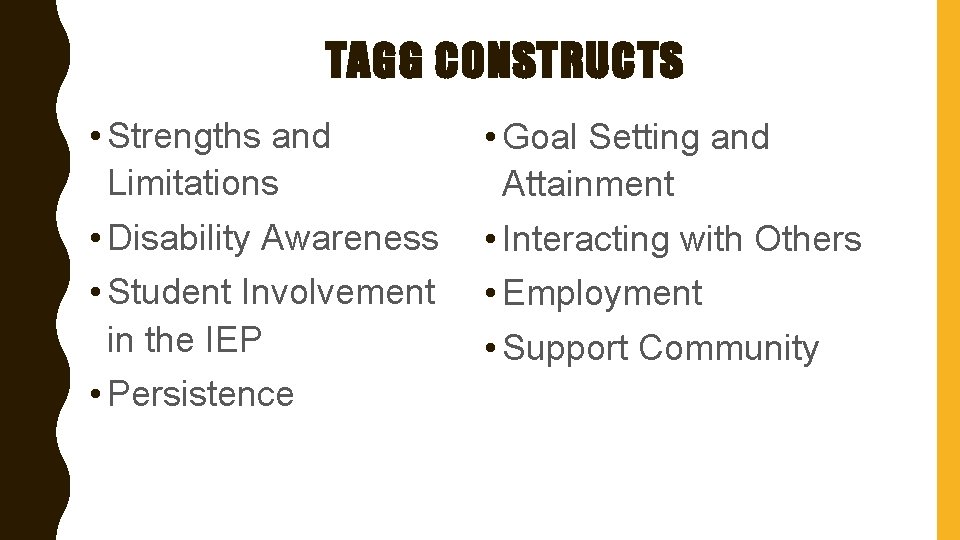 TAGG CONSTRUCTS • Strengths and Limitations • Disability Awareness • Student Involvement in the