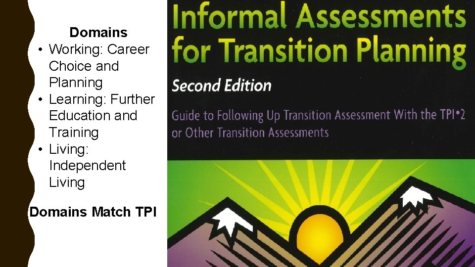 Domains • Working: Career Choice and Planning • Learning: Further Education and Training •