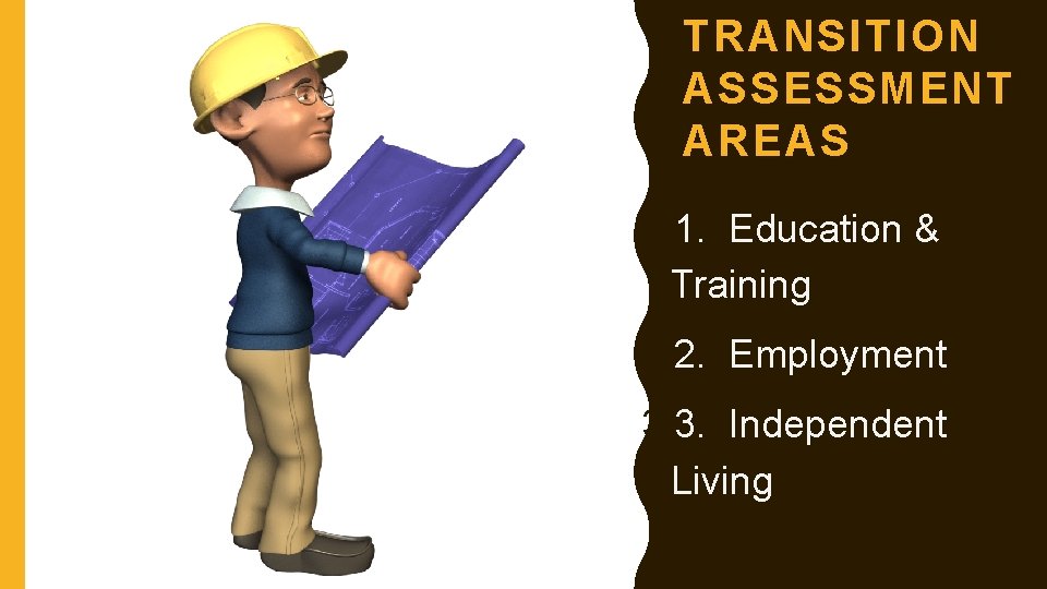 TRANSITION ASSESSMENT AREAS 1. 1. Education & Training 2. 2. Employment 3. 3. Independent
