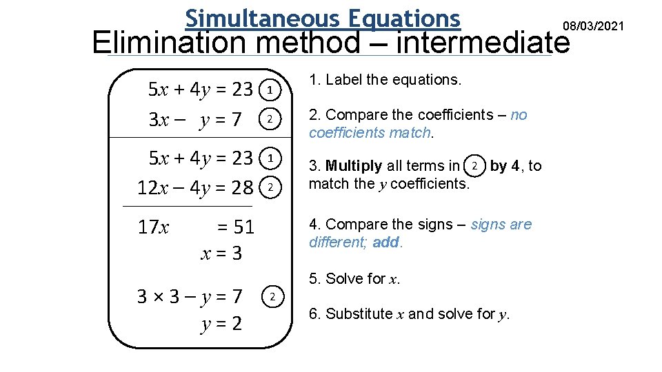 Simultaneous Equations 08/03/2021 Elimination method – intermediate 5 x + 4 y = 23