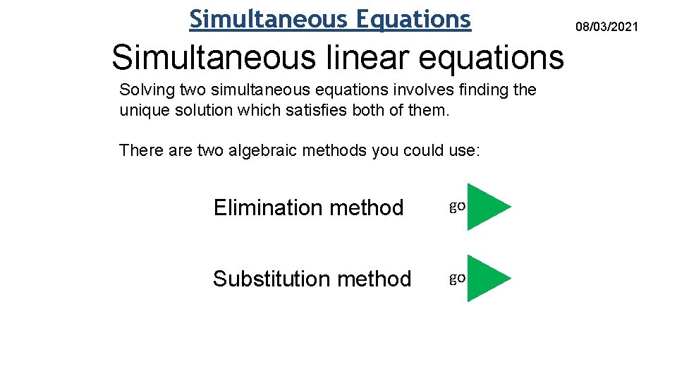 Simultaneous Equations Simultaneous linear equations Solving two simultaneous equations involves finding the unique solution