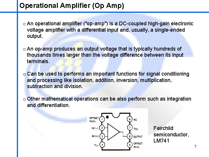 Operational Amplifier (Op Amp) School of Mechatronics Engineering o An operational amplifier ("op-amp") is