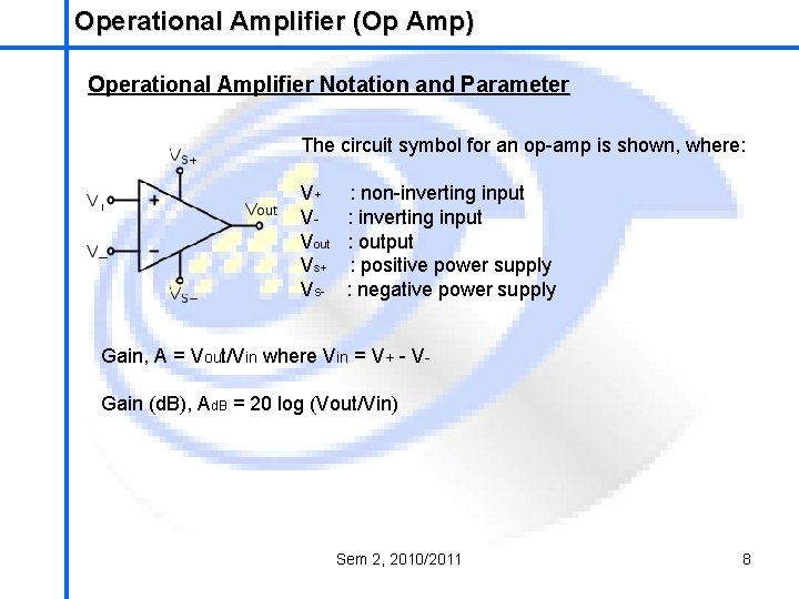 Operational Amplifier (Op Amp) School of Mechatronics Engineering Operational Amplifier Notation and Parameter The