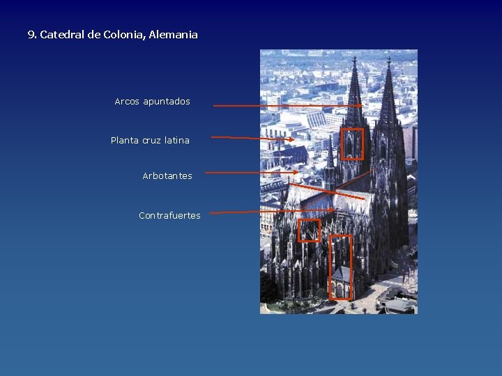 9. Catedral de Colonia, Alemania Arcos apuntados Planta cruz latina Arbotantes Contrafuertes 