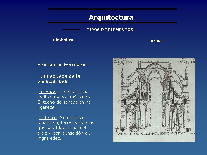 Arquitectura TIPOS DE ELEMENTOS Simbólico Elementos Formales 1. Búsqueda de la verticalidad: -Interior: Los