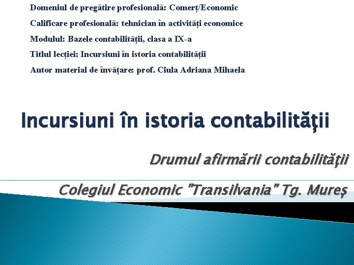 Domeniul de pregătire profesională: Comerț/Economic Calificare profesională: tehnician în activități economice Modulul: Bazele contabilității,