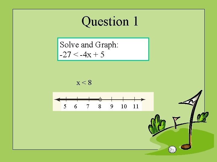 Question 1 Solve and Graph: -27 < -4 x + 5 x < 8