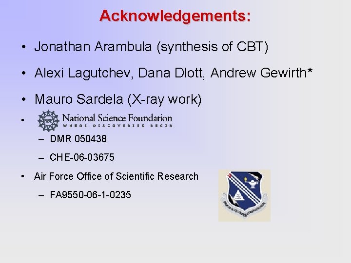 Acknowledgements: • Jonathan Arambula (synthesis of CBT) • Alexi Lagutchev, Dana Dlott, Andrew Gewirth*
