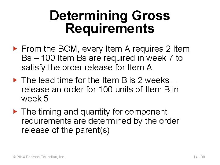Determining Gross Requirements ▶ From the BOM, every Item A requires 2 Item Bs Determining Gross Requirements ▶ From the BOM, every Item A requires 2 Item Bs