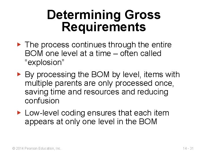 Determining Gross Requirements ▶ The process continues through the entire BOM one level at