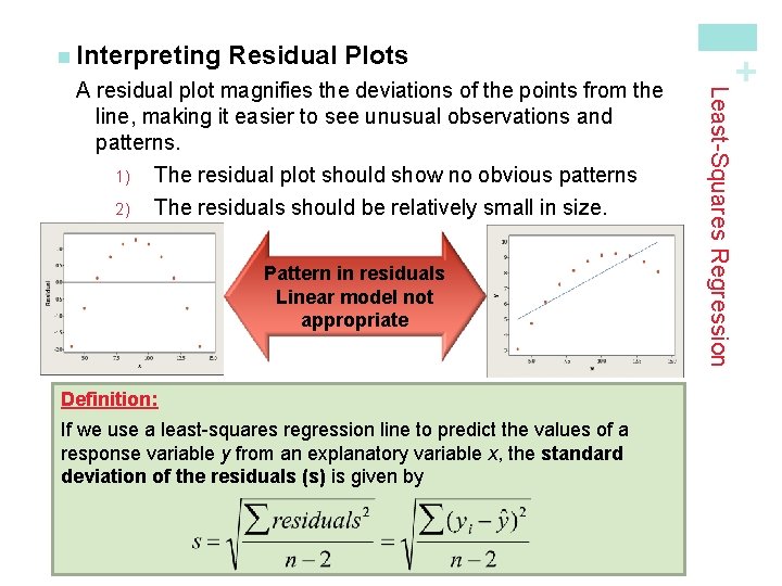 Residual Plots Pattern in residuals Linear model not appropriate Definition: If we use a