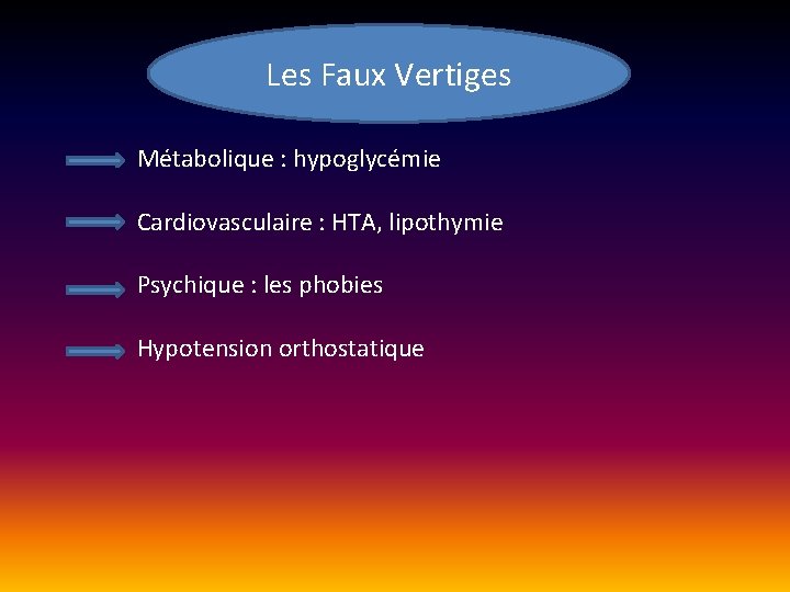 Les Faux Vertiges Métabolique : hypoglycémie Cardiovasculaire : HTA, lipothymie Psychique : les phobies Les Faux Vertiges Métabolique : hypoglycémie Cardiovasculaire : HTA, lipothymie Psychique : les phobies