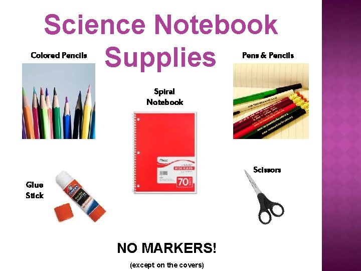 Science Notebook Supplies Colored Pencils Pens & Pencils Spiral Notebook Scissors Glue Stick NO Science Notebook Supplies Colored Pencils Pens & Pencils Spiral Notebook Scissors Glue Stick NO