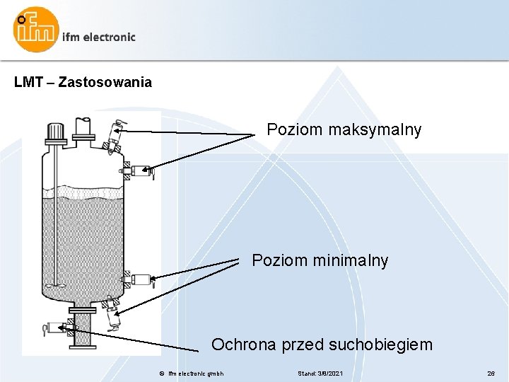 LMT – Zastosowania Poziom maksymalny Poziom minimalny Ochrona przed suchobiegiem © ifm electronic gmbh