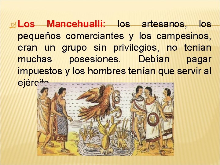  Los Mancehualli: los artesanos, los pequeños comerciantes y los campesinos, eran un grupo