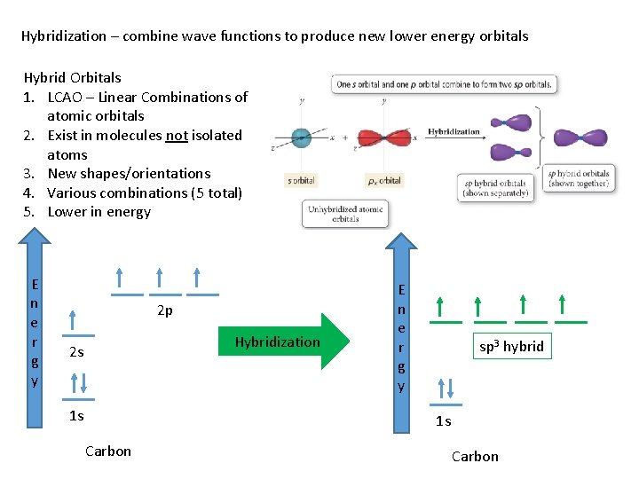 Hybridization – combine wave functions to produce new lower energy orbitals Hybrid Orbitals 1.