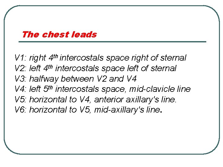 The chest leads V 1: right 4 th intercostals space right of sternal V