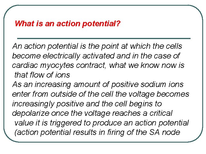 What is an action potential? An action potential is the point at which the