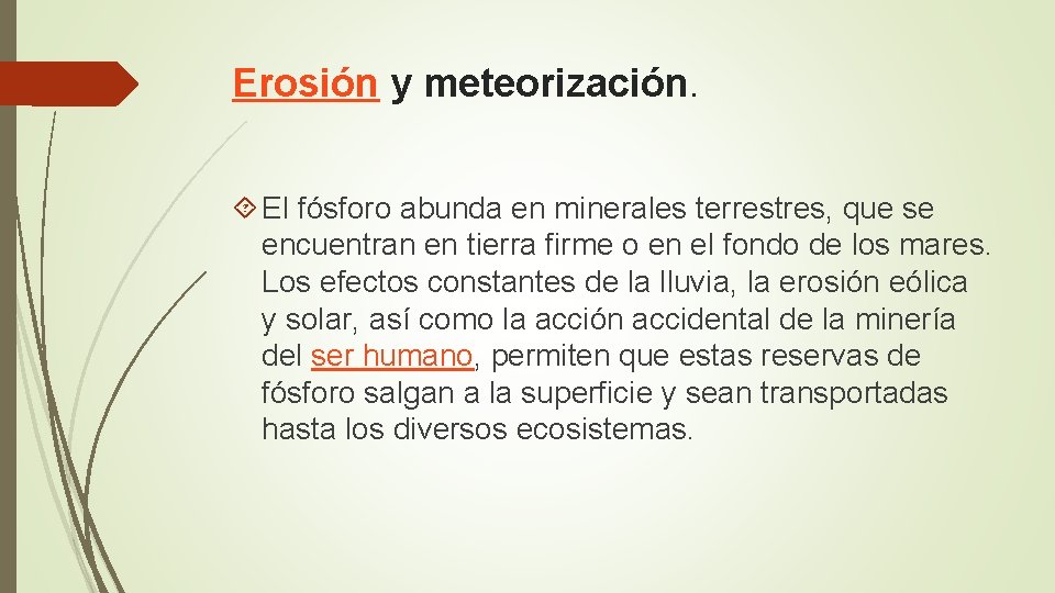 Erosión y meteorización. El fósforo abunda en minerales terrestres, que se encuentran en tierra